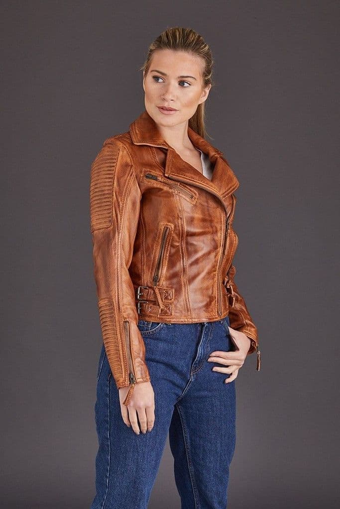 TJS Women's Tan Biker Leather Jacket
