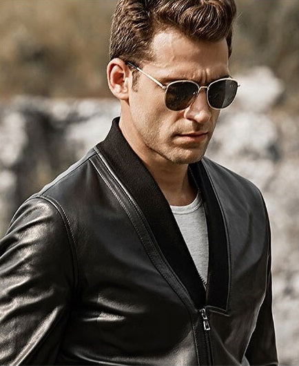 MEN's V-neck collar lambskin leather jacket in USA 