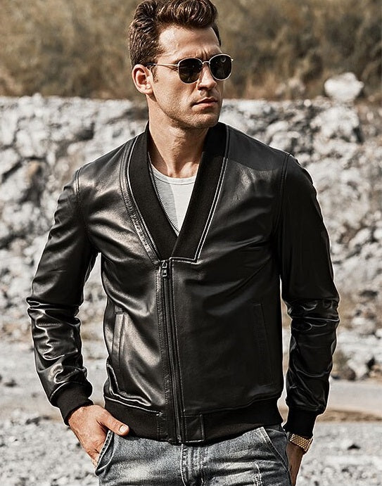 Men's lambskin black v-neck jacket in USA