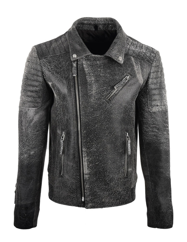 Antique Waxed Grey Leather Biker Jacket
