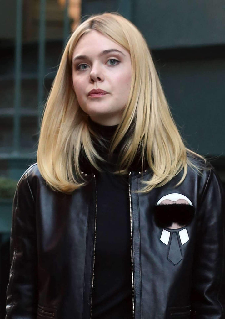 Elle Fanning Fur Black Leather Jacket