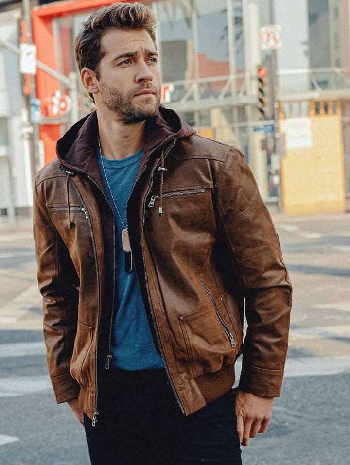 Removable Hood Genuine Top Leather Jackets for Men 
