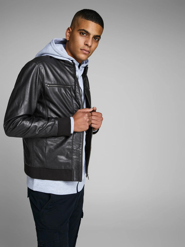 Black Astounded Rib Leather Jacket For Men 