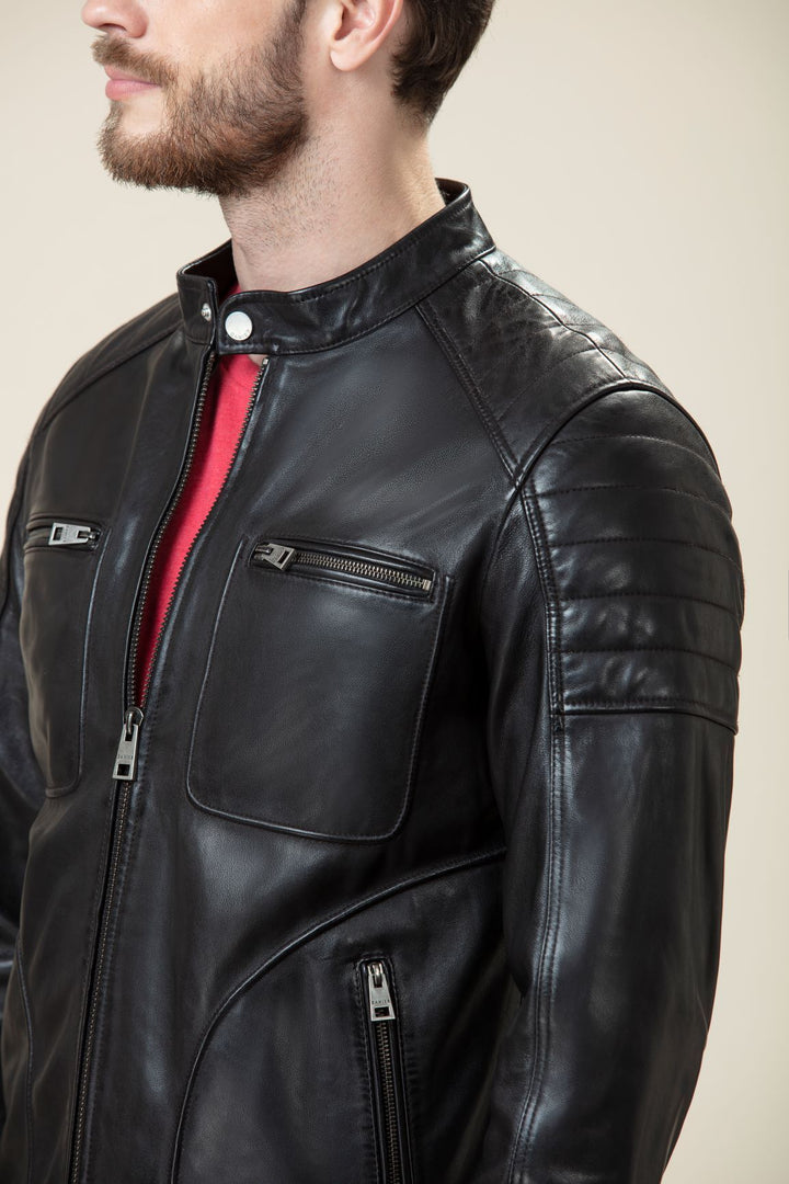 Black Bomber Premium Sheep Skin Decant Leather Jacket
