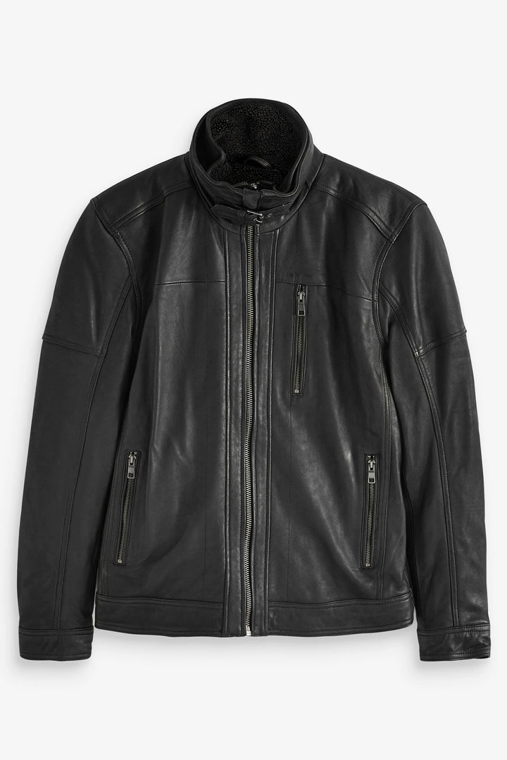 Borg-lined black leather jacket for men
