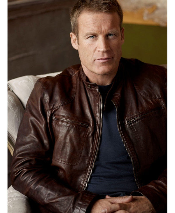 Mark Valley Human Target stylish leather jacket front view in USA