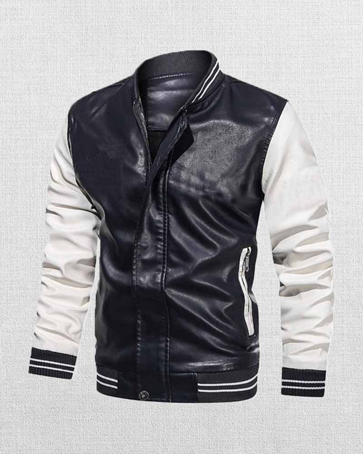 Stylish men's color block leather baseball jacket for a retro look in USA