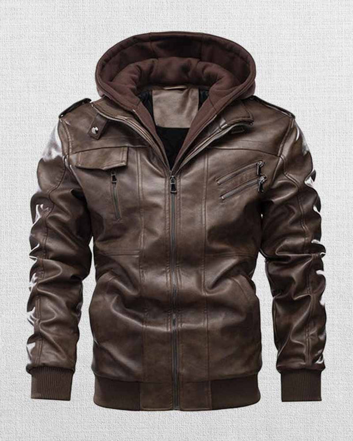 Stylish casual men's leather jacket with hood and pockets in USA