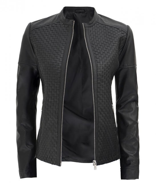 Schwarze Cafe Racer-Lederjacke für Damen aus strukturiertem Echtleder