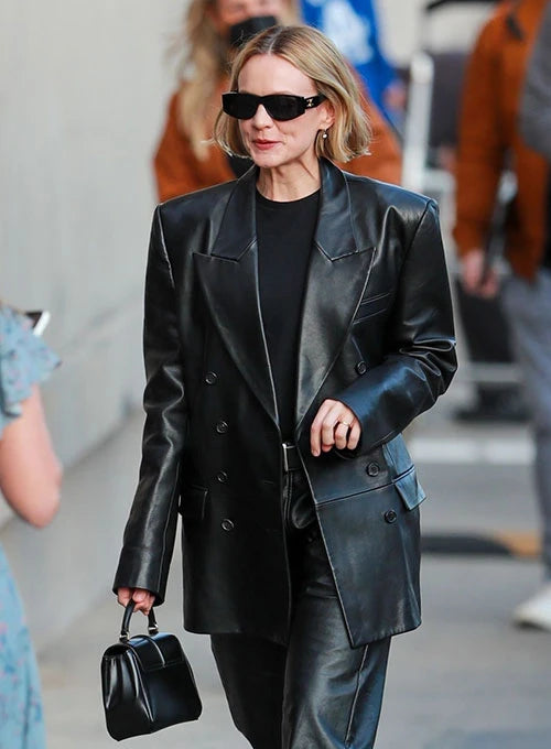 Carey Mulligan's fashion-forward leather trench coat is a standout piece in USA market
