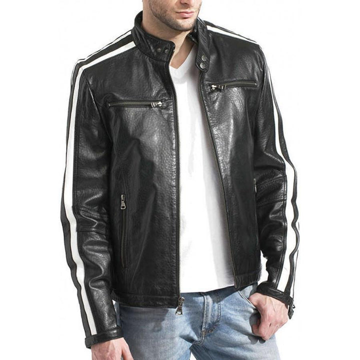 Men's Black Leather White Stripe Moto Racer in usa