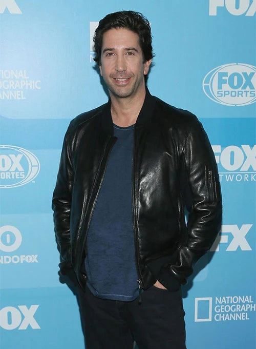 Chic black leather jacket worn by David Schwimmer in France style