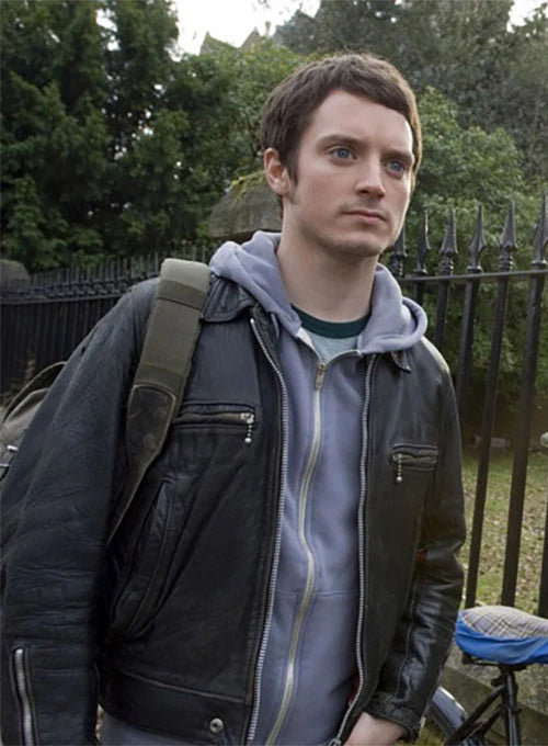 Chic leather jacket worn by Elijah Wood in the movie in France style