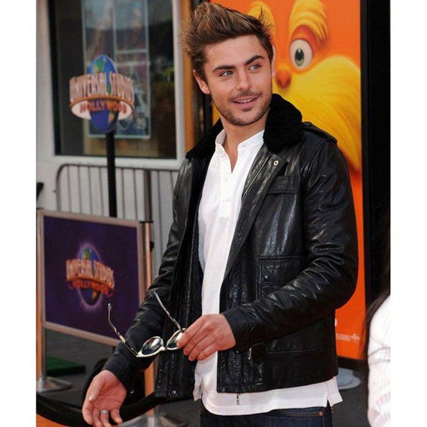 Zac Efron Schwarze Lederjacke mit Kunstpelzkragen von TJS