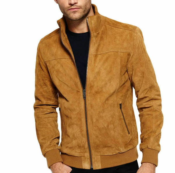 Men's Brown Genuine Suede Leather Jacket with Classic Design in USA