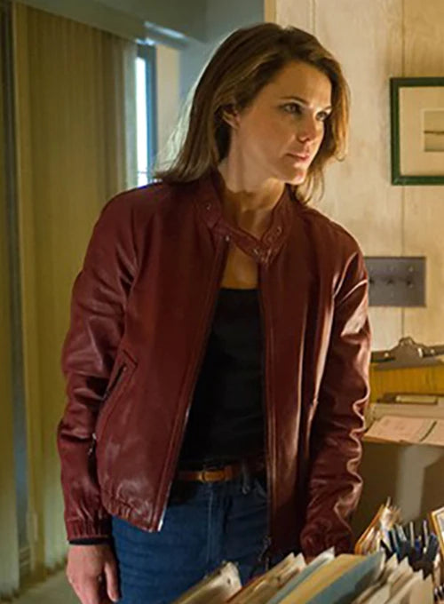 Sleek black leather jacket donned by Keri Russell in USA market