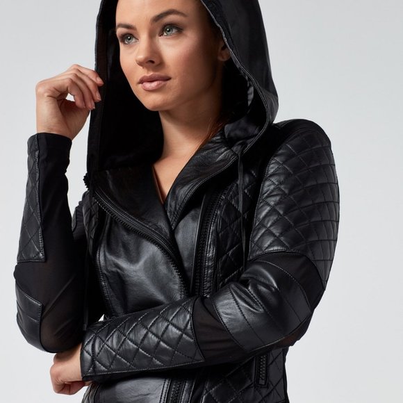 Hoodie style leather jacket for women