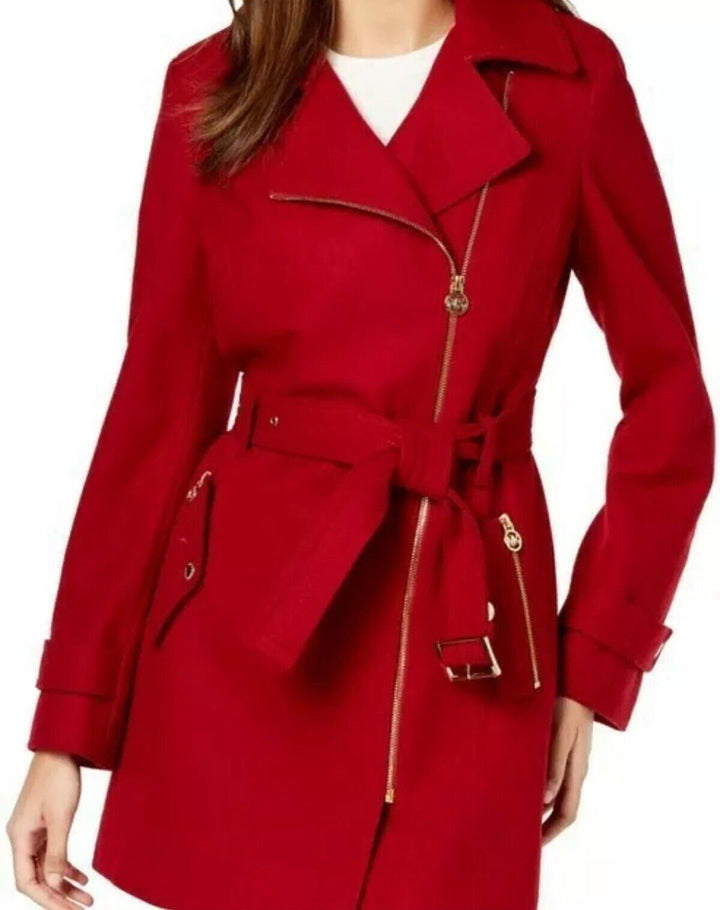 Women's stylish red wool coat with a belt in American style